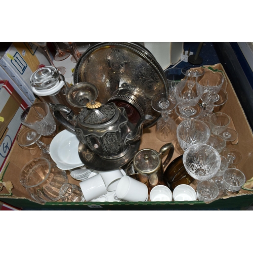 363 - ONE BOX OF GLASS AND METALWARE, to include a pair of Walker & Hall candle sticks, silverplate teapot... 