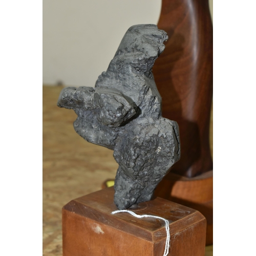 368 - TWO SCULPTURES, comprising a cast abstract form on a square wooden plinth, total height 23cm, togeth... 