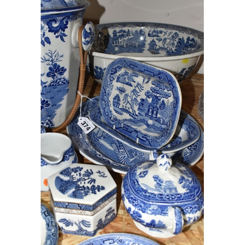 374 - A COLLECTION OF BLUE AND WHITE CERAMICS, to include a large Willow pattern toilet bucket with insert... 