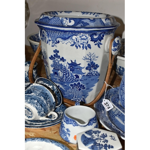 374 - A COLLECTION OF BLUE AND WHITE CERAMICS, to include a large Willow pattern toilet bucket with insert... 