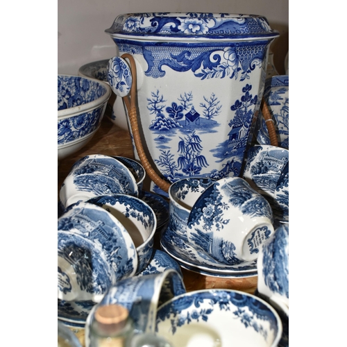 374 - A COLLECTION OF BLUE AND WHITE CERAMICS, to include a large Willow pattern toilet bucket with insert... 