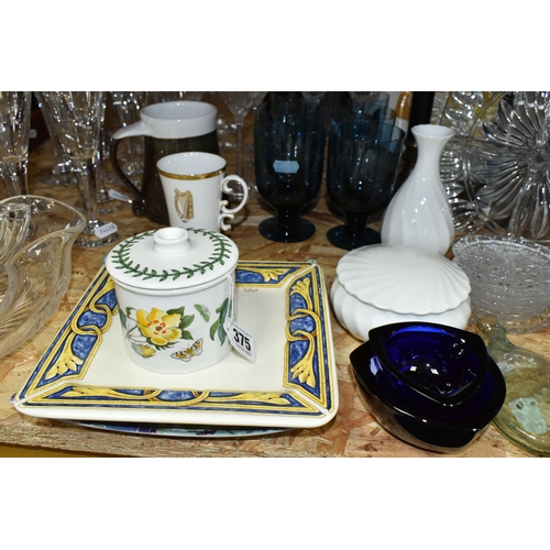 375 - A GROUP OF GLASS WARES, CERAMICS AND A PAIR OF CANDLESTICKS, to include six dark blue Wedgwood glass... 