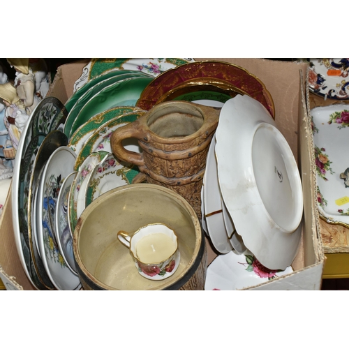 378 - FOUR BOXES AND LOOSE CERAMICS AND GLASS WARES, to include a Royal Albert Old Country Roses sandwich ... 