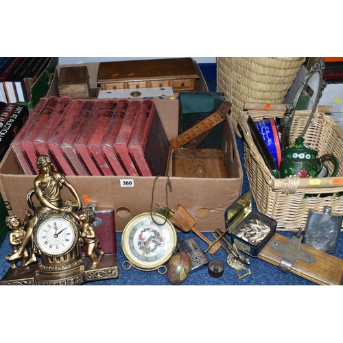 380 - TWO BOXES AND TWO BASKETS OF BOOKS, CLOCKS AND SUNDRY ITEMS, to include a Juliana figural mantel clo... 