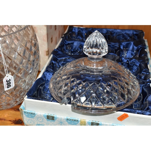 386 - A BOXED BOHEMIA CRYSTAL PUNCH SET, comprising twelve boxed cups, cut crisscross pattern, together wi... 