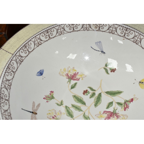 387 - A LARGE WEDGWOOD QUEEN'S WARE 'SARAH'S GARDEN' CENTREPIECE DISH, diameter 43.5cm, a Victorian burr w... 