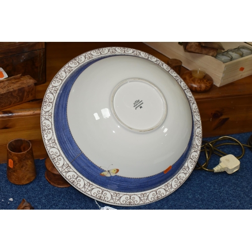 387 - A LARGE WEDGWOOD QUEEN'S WARE 'SARAH'S GARDEN' CENTREPIECE DISH, diameter 43.5cm, a Victorian burr w... 