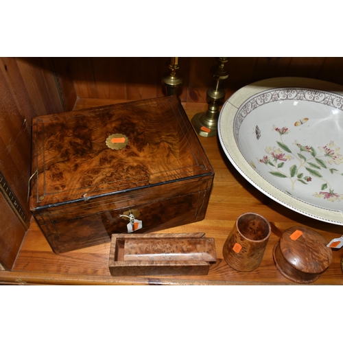 387 - A LARGE WEDGWOOD QUEEN'S WARE 'SARAH'S GARDEN' CENTREPIECE DISH, diameter 43.5cm, a Victorian burr w... 