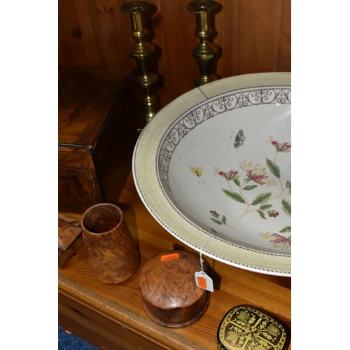 387 - A LARGE WEDGWOOD QUEEN'S WARE 'SARAH'S GARDEN' CENTREPIECE DISH, diameter 43.5cm, a Victorian burr w... 