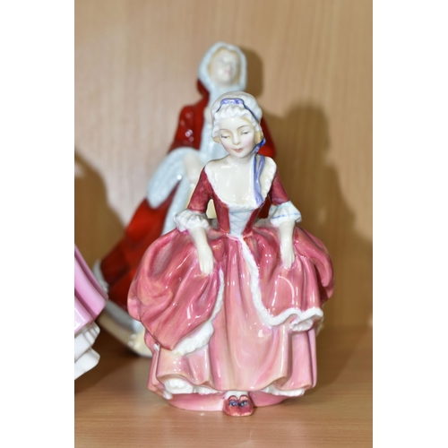 392 - SIX ROYAL DOULTON FIGURINES, comprising Pretty Ladies: Amelia HN5440, Madeline HN5513, Christmas Day... 