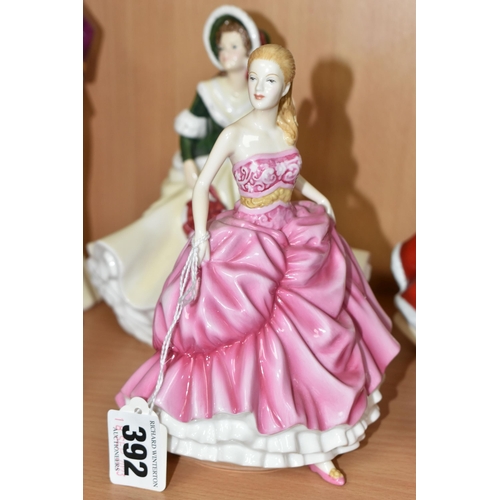 392 - SIX ROYAL DOULTON FIGURINES, comprising Pretty Ladies: Amelia HN5440, Madeline HN5513, Christmas Day... 