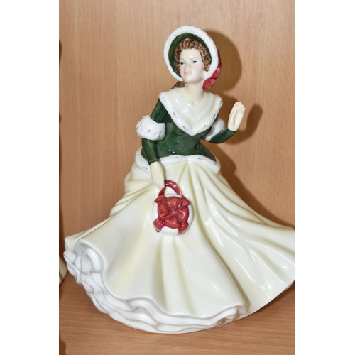 392 - SIX ROYAL DOULTON FIGURINES, comprising Pretty Ladies: Amelia HN5440, Madeline HN5513, Christmas Day... 