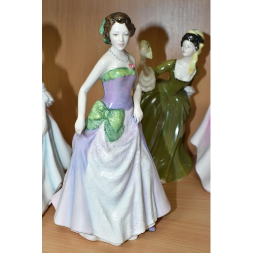 393 - SIX ROYAL DOULTON FIGURINES, comprising Diana HN3266, with Michael Doulton signature and date to bas... 