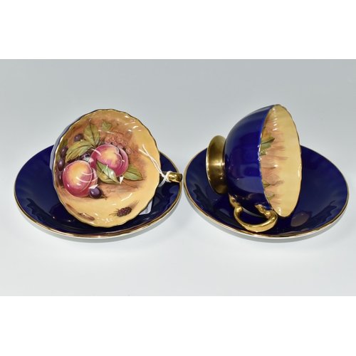 398 - TWO AYNSLEY ORCHARD GOLD TEACUPS AND SAUCERS, each teacup having gently fluted bowl, cobalt blue ext... 