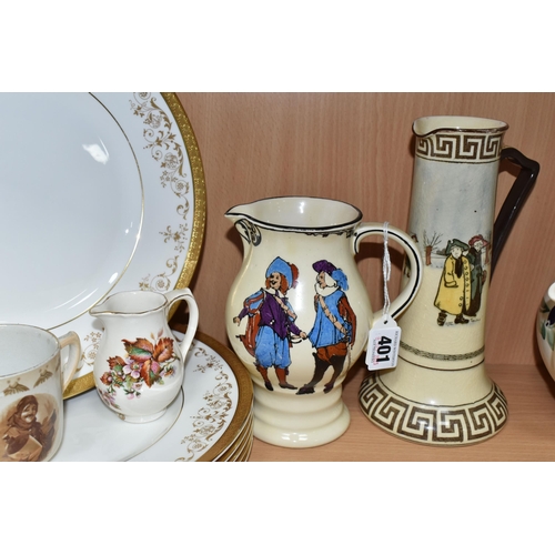 401 - A GROUP OF ROYAL DOULTON, comprising a Souvenir of the Great War cup, six, mostly series ware, jugs:... 