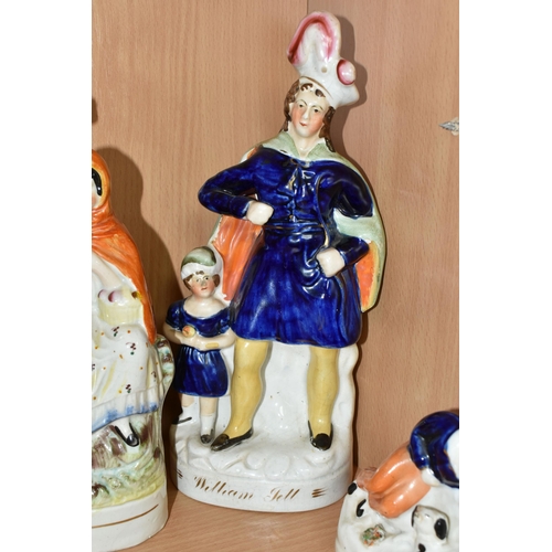 402 - SEVEN NINETEENTH CENTURY STAFFORDSHIRE FIGURES AND FIGURE GROUPS, comprising three flatback spill va... 