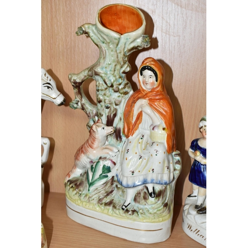 402 - SEVEN NINETEENTH CENTURY STAFFORDSHIRE FIGURES AND FIGURE GROUPS, comprising three flatback spill va... 