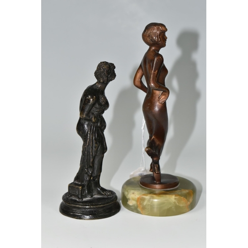 403 - TWO SMALL BRONZE FIGURINES, comprising a twentieth century figure of a woman, mounted to an onyx pli... 