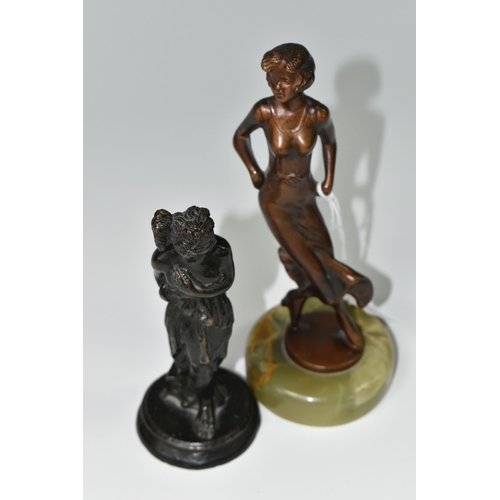 403 - TWO SMALL BRONZE FIGURINES, comprising a twentieth century figure of a woman, mounted to an onyx pli... 