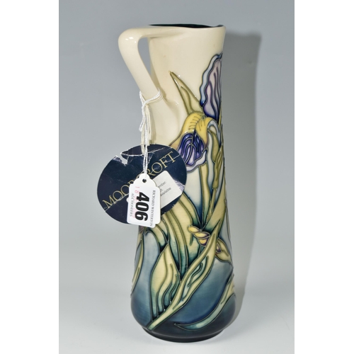 406 - A MOORCROFT POTTERY 'IRIS' JUG, of slender form with angular handle, tube lined with pink, yellow an... 