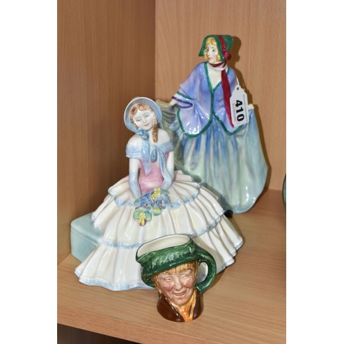 410 - TWO ROYAL DOULTON FIGURINES AND A CHARACTER JUG, comprising Sweet Anne HN1318 (crazing), Daydreams H... 