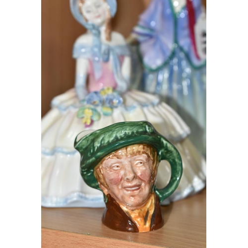 410 - TWO ROYAL DOULTON FIGURINES AND A CHARACTER JUG, comprising Sweet Anne HN1318 (crazing), Daydreams H... 