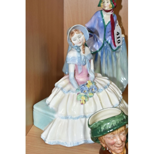 410 - TWO ROYAL DOULTON FIGURINES AND A CHARACTER JUG, comprising Sweet Anne HN1318 (crazing), Daydreams H... 