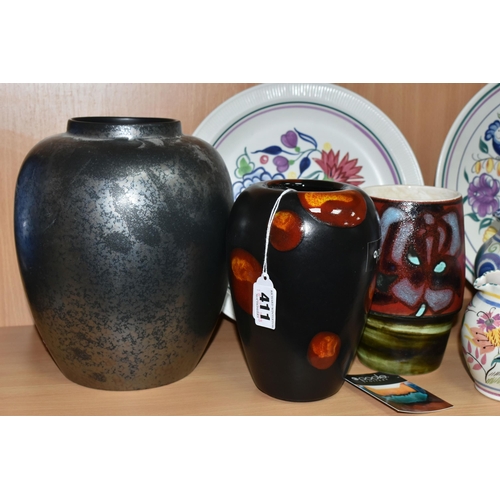 411 - NINE PIECES OF POOLE POTTERY, comprising a Delphis vase, painted label to base '15th Ferro Matt' - p... 