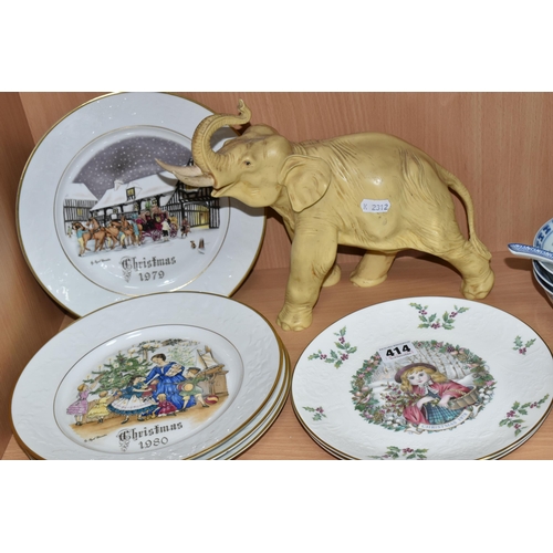 414 - SIX ROYAL DOULTON AND ROYAL WORCESTER CHRISTMAS PLATES, AND AN ELEPHANT FIGURE, comprising Royal Dou... 