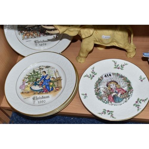 414 - SIX ROYAL DOULTON AND ROYAL WORCESTER CHRISTMAS PLATES, AND AN ELEPHANT FIGURE, comprising Royal Dou... 