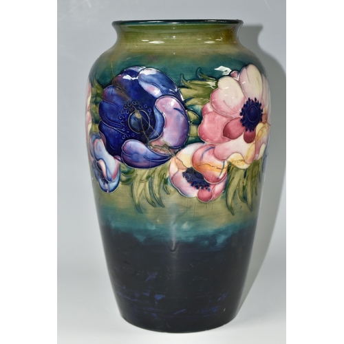 419 - A LARGE MOORCROFT POTTERY 'ANEMONE' PATTERN VASE, with tube lined Anemone pattern on a graduated gre... 