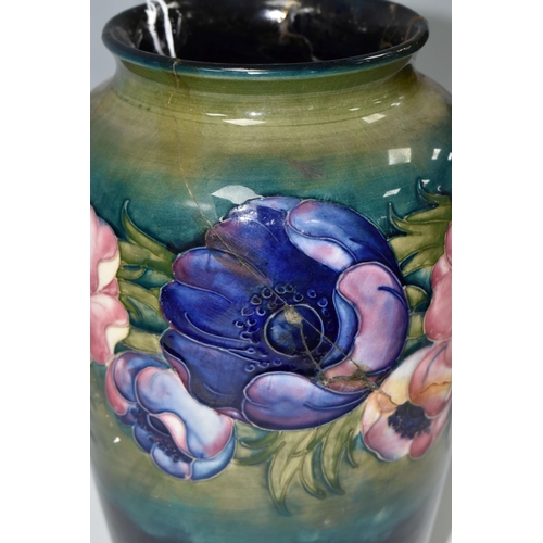 419 - A LARGE MOORCROFT POTTERY 'ANEMONE' PATTERN VASE, with tube lined Anemone pattern on a graduated gre... 