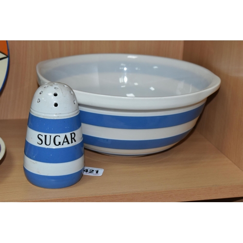 421 - A TG GREEN & CO LTD 'CORNISH WARE' SUGAR SIFTER AND MIXING BOWL, the sifter labelled 'Sugar' having ... 