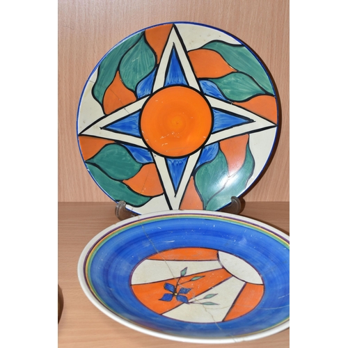 422 - TWO CLARICE CLIFF PLATES, both AF, one painted with a sunburst and flower design, backstamp reads 'F... 