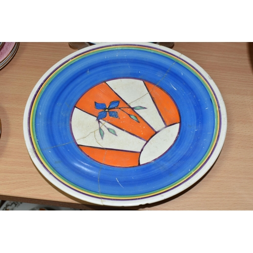 422 - TWO CLARICE CLIFF PLATES, both AF, one painted with a sunburst and flower design, backstamp reads 'F... 