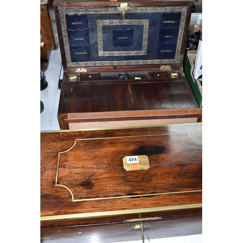 474 - TWO LARGE VICTORIAN ROSEWOOD AND BRASS BOUND WRITING SLOPES, one has tooled black leather interior w... 