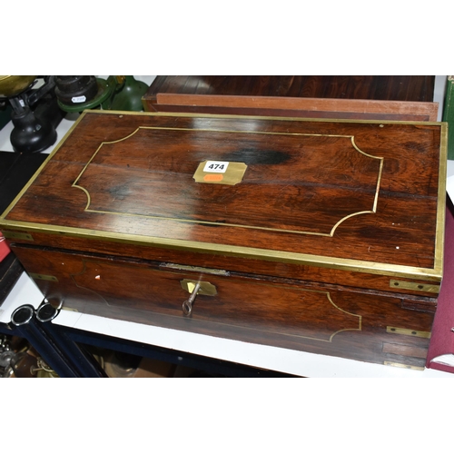 474 - TWO LARGE VICTORIAN ROSEWOOD AND BRASS BOUND WRITING SLOPES, one has tooled black leather interior w... 