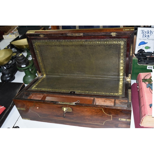 474 - TWO LARGE VICTORIAN ROSEWOOD AND BRASS BOUND WRITING SLOPES, one has tooled black leather interior w... 