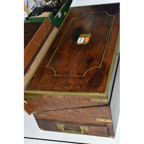 474 - TWO LARGE VICTORIAN ROSEWOOD AND BRASS BOUND WRITING SLOPES, one has tooled black leather interior w... 