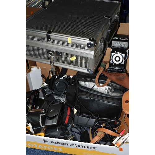 477 - TWO BOXES OF VINTAGE CAMERAS AND EQUIPMENT, to include an aluminium photographic equipment case, a V... 