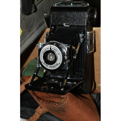 477 - TWO BOXES OF VINTAGE CAMERAS AND EQUIPMENT, to include an aluminium photographic equipment case, a V... 