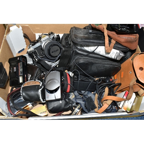 477 - TWO BOXES OF VINTAGE CAMERAS AND EQUIPMENT, to include an aluminium photographic equipment case, a V... 