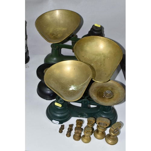 479 - THREE SETS OF 20TH CENTURY / REPRODUCTION PAINTED METAL KITCHEN SCALES WITH BRASS PANS AND AN ASSORT... 