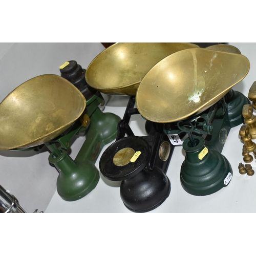 479 - THREE SETS OF 20TH CENTURY / REPRODUCTION PAINTED METAL KITCHEN SCALES WITH BRASS PANS AND AN ASSORT... 