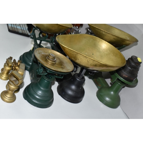 479 - THREE SETS OF 20TH CENTURY / REPRODUCTION PAINTED METAL KITCHEN SCALES WITH BRASS PANS AND AN ASSORT... 