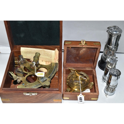 481 - A CASED NAUTICALIA REPRODUCTION BRASS SEXTANT, A CASED REPRODUCTION OF A DESKTOP SUNDIAL AND THREE S... 