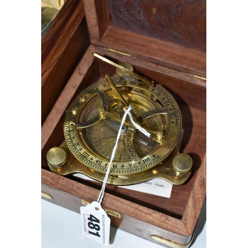 481 - A CASED NAUTICALIA REPRODUCTION BRASS SEXTANT, A CASED REPRODUCTION OF A DESKTOP SUNDIAL AND THREE S... 