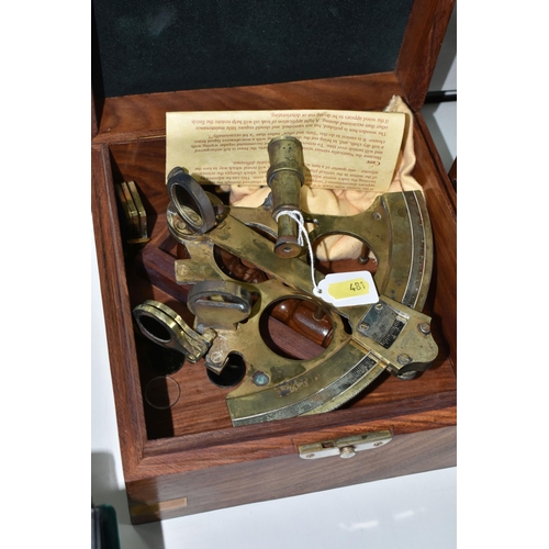 481 - A CASED NAUTICALIA REPRODUCTION BRASS SEXTANT, A CASED REPRODUCTION OF A DESKTOP SUNDIAL AND THREE S... 