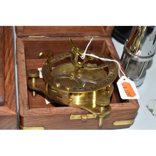 481 - A CASED NAUTICALIA REPRODUCTION BRASS SEXTANT, A CASED REPRODUCTION OF A DESKTOP SUNDIAL AND THREE S... 