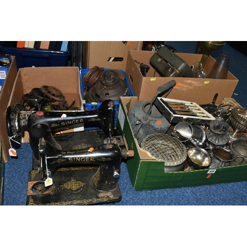 484 - FOUR BOXES OF METALWARE AND TWO SINGER SEWING MACHINES IN NEED OF RESTORATION, the boxes include sew... 